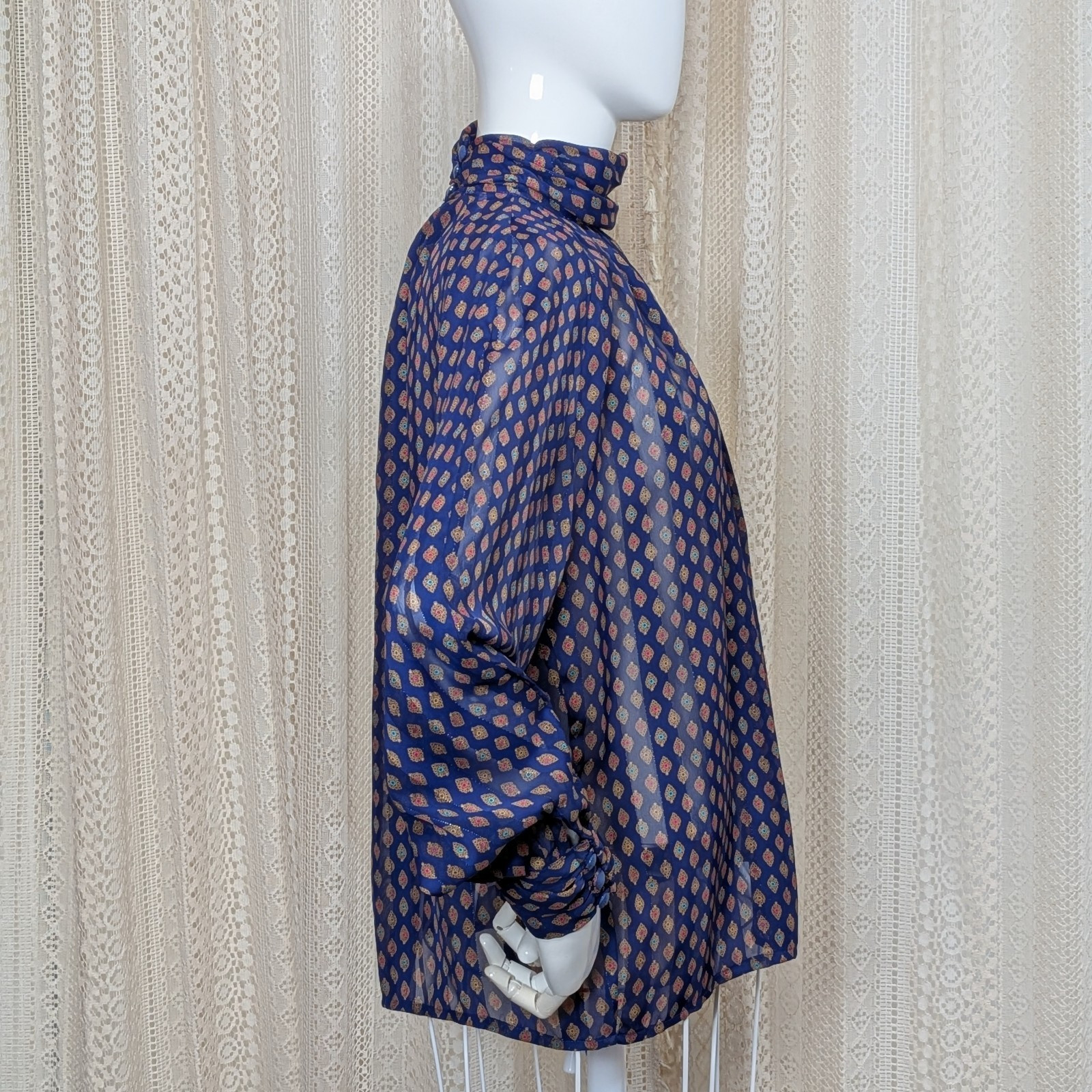 Vtg 80s Tess Petites Sheer Edwardian Purple Gold Jewel Silky Shimmer Blouse sz L