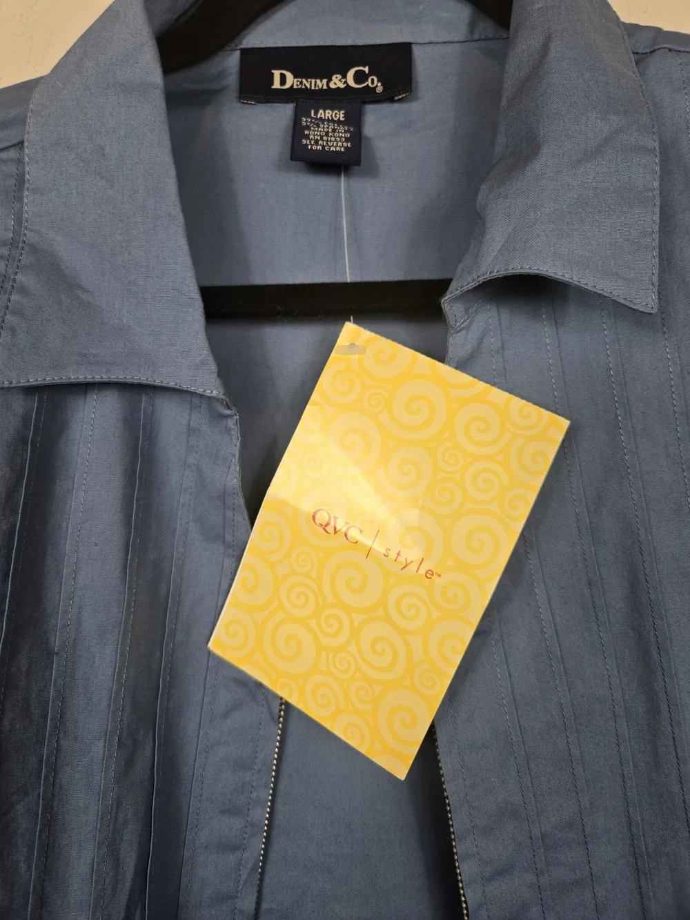 Denim & Co NWT Blue Pintuck Zip Front Blouse Stretch Cotton Long Sleeve Large