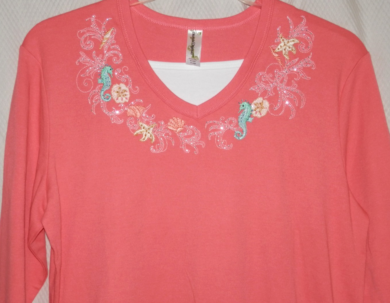 Decorated Originals 3/4 Sleeve Cotton/Poly Knit Sz.XL Peach/Embroidery/Beads