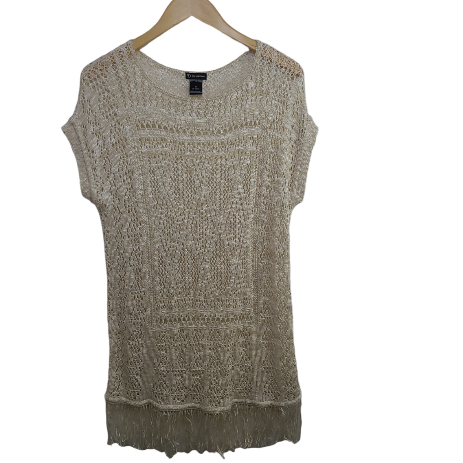 New Directions Womens Size Medium Top Tunic Open Knit Tan Pullover Fringe NWT