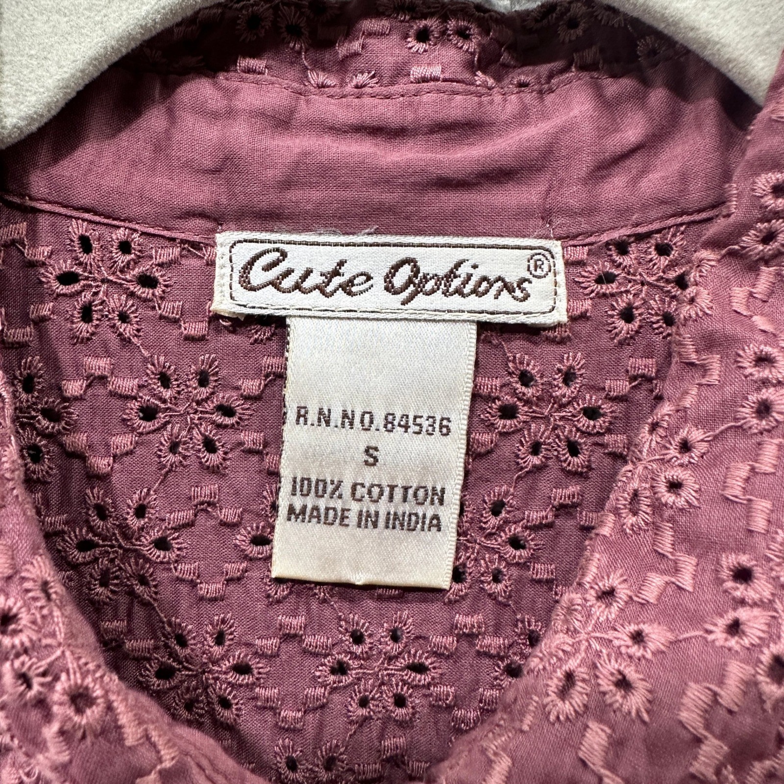 Y2k Cute Options Eyelet Short Sleeve Button Up Top Women Small Mauve Pink Cotton