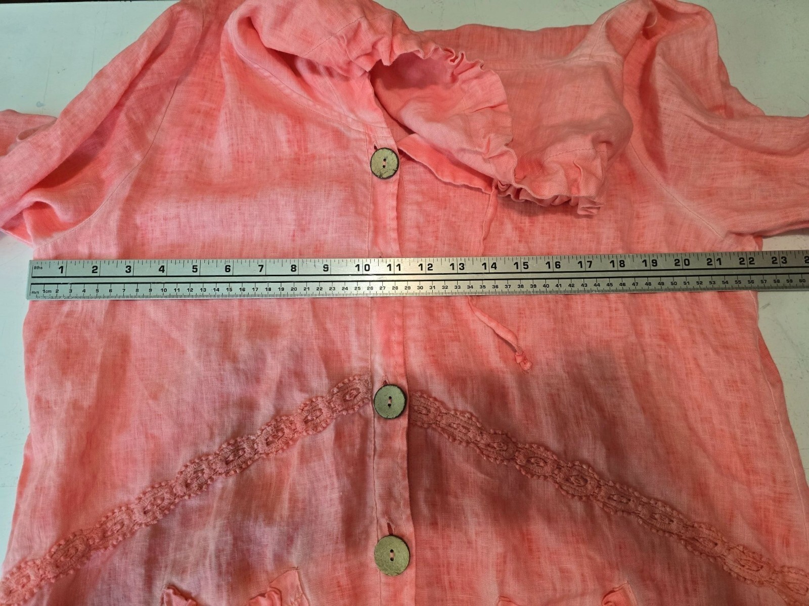 Fantazia Pink Oversized Lagenlook Ruffled Button-Front Linen Jacket With Pockets
