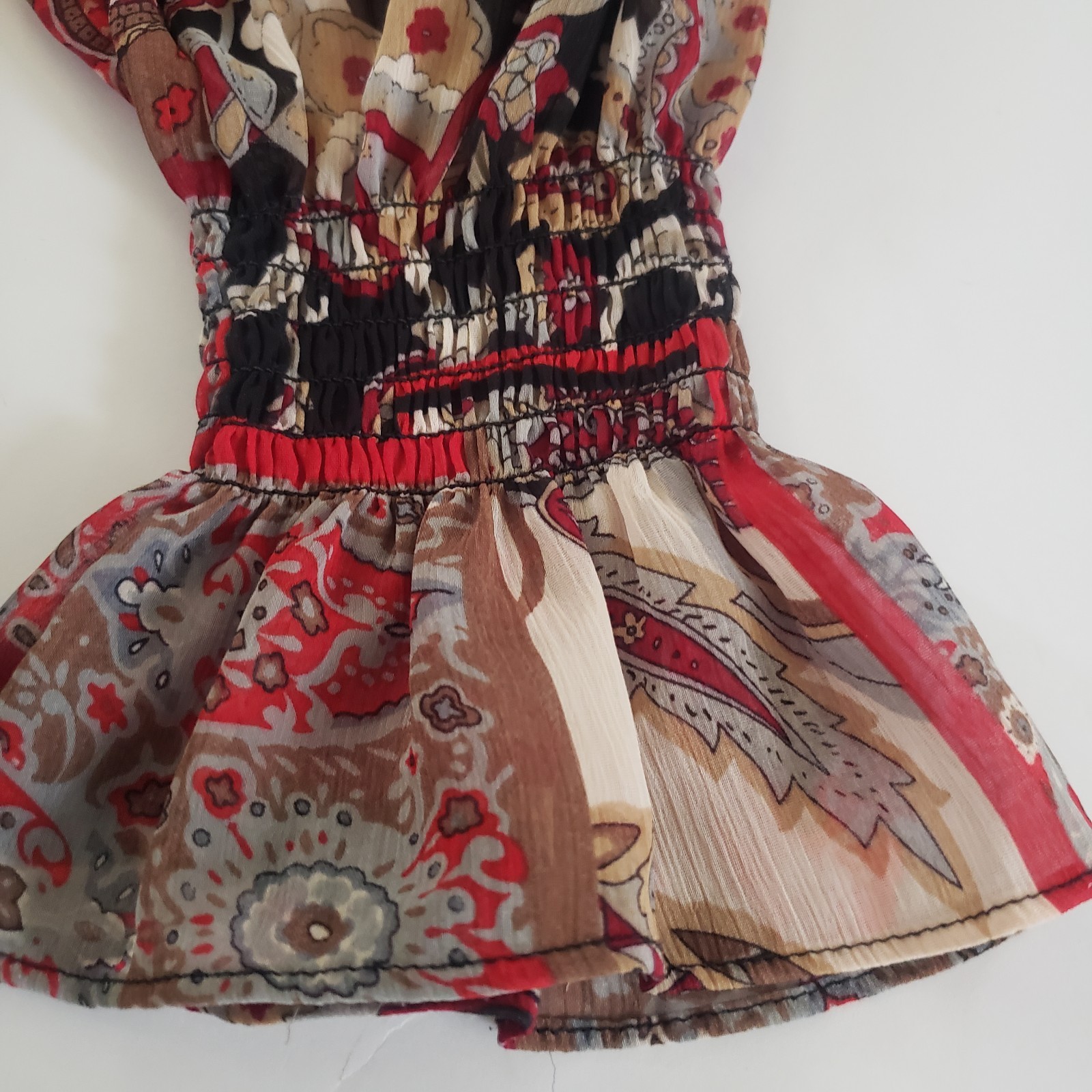 Max Bohemian Off-the-Shoulder Red Black Gray Paisley Sheer Women Blouse XS #12PJ