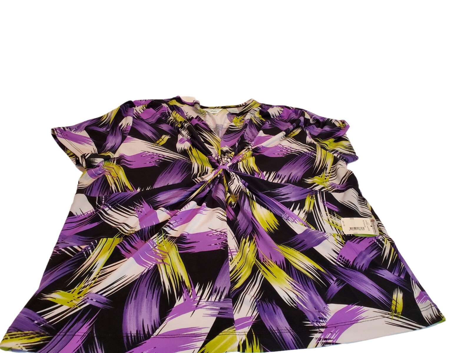 Laura Ashley Blouse PL Slimming V Neck Short Sleeve NWT Black/White/Purple/Grn