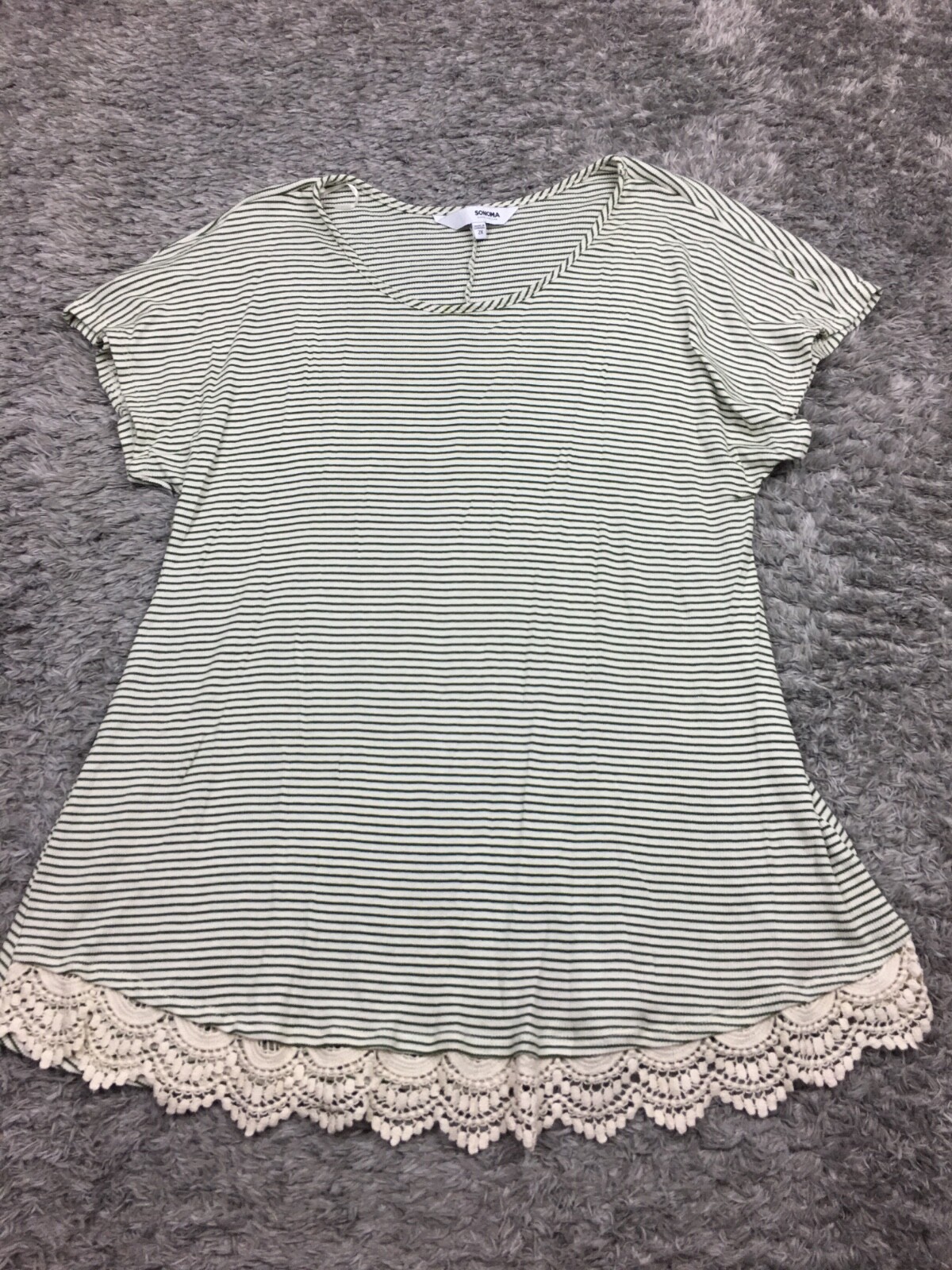 Sonoma Shirt Woman Size 2X Light Beige Green Striped Short Sleeve