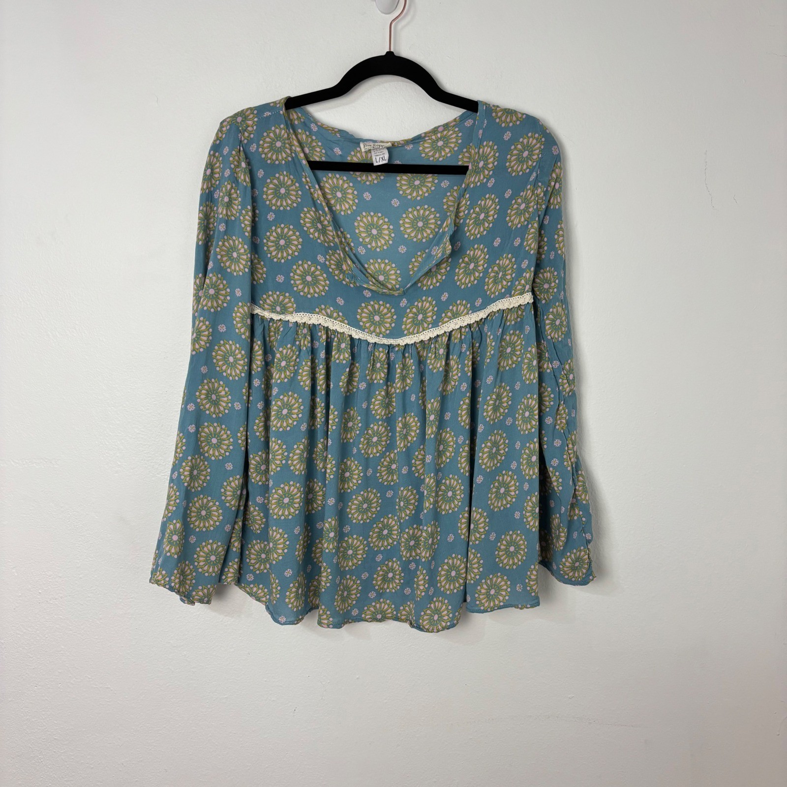 Natural Life Blue Floral Boho Babydoll Blouse Cottagecore Hippie Indie Top L