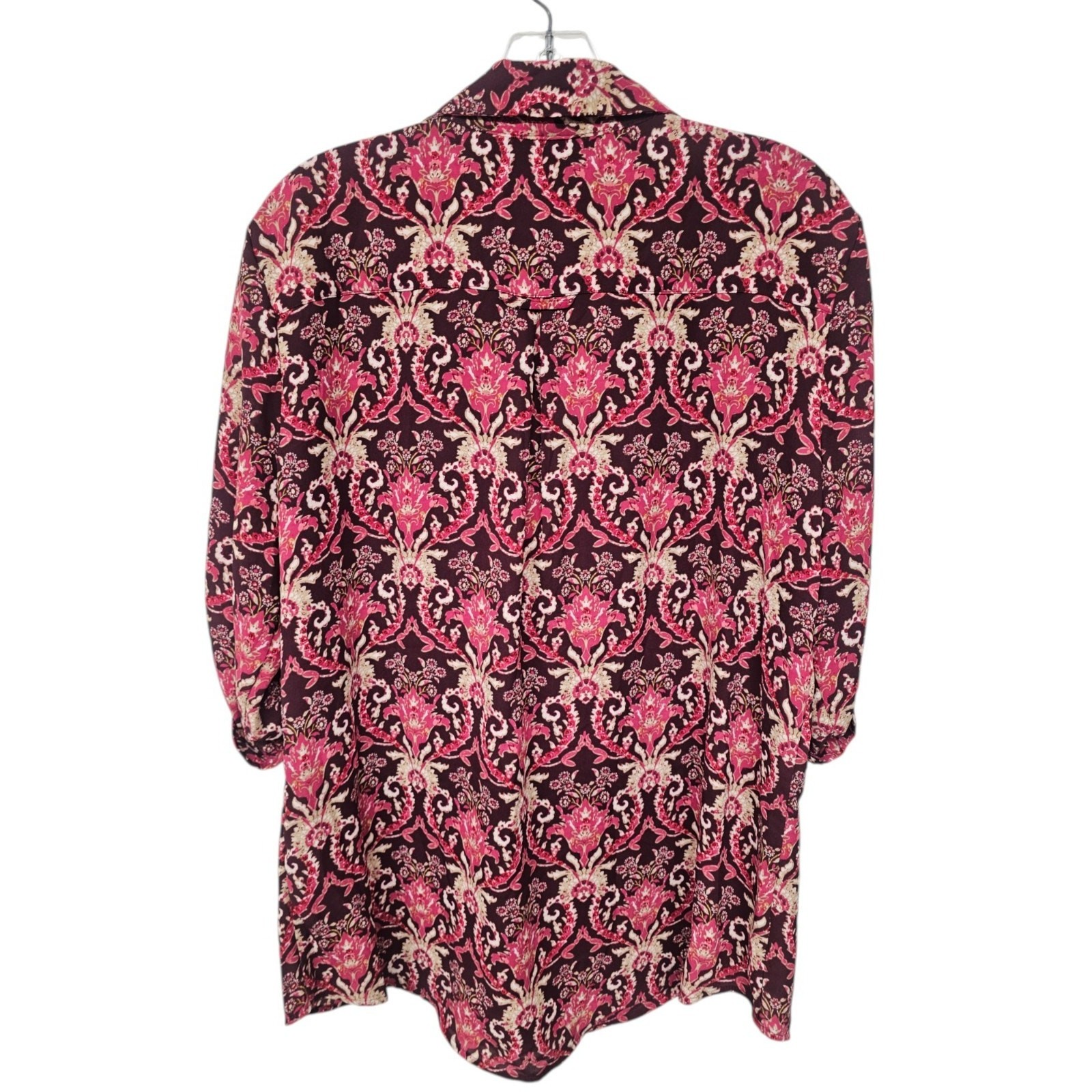 NWT Soho New York & Company Size L Burgundy Print Popover Top Blouse Deep V