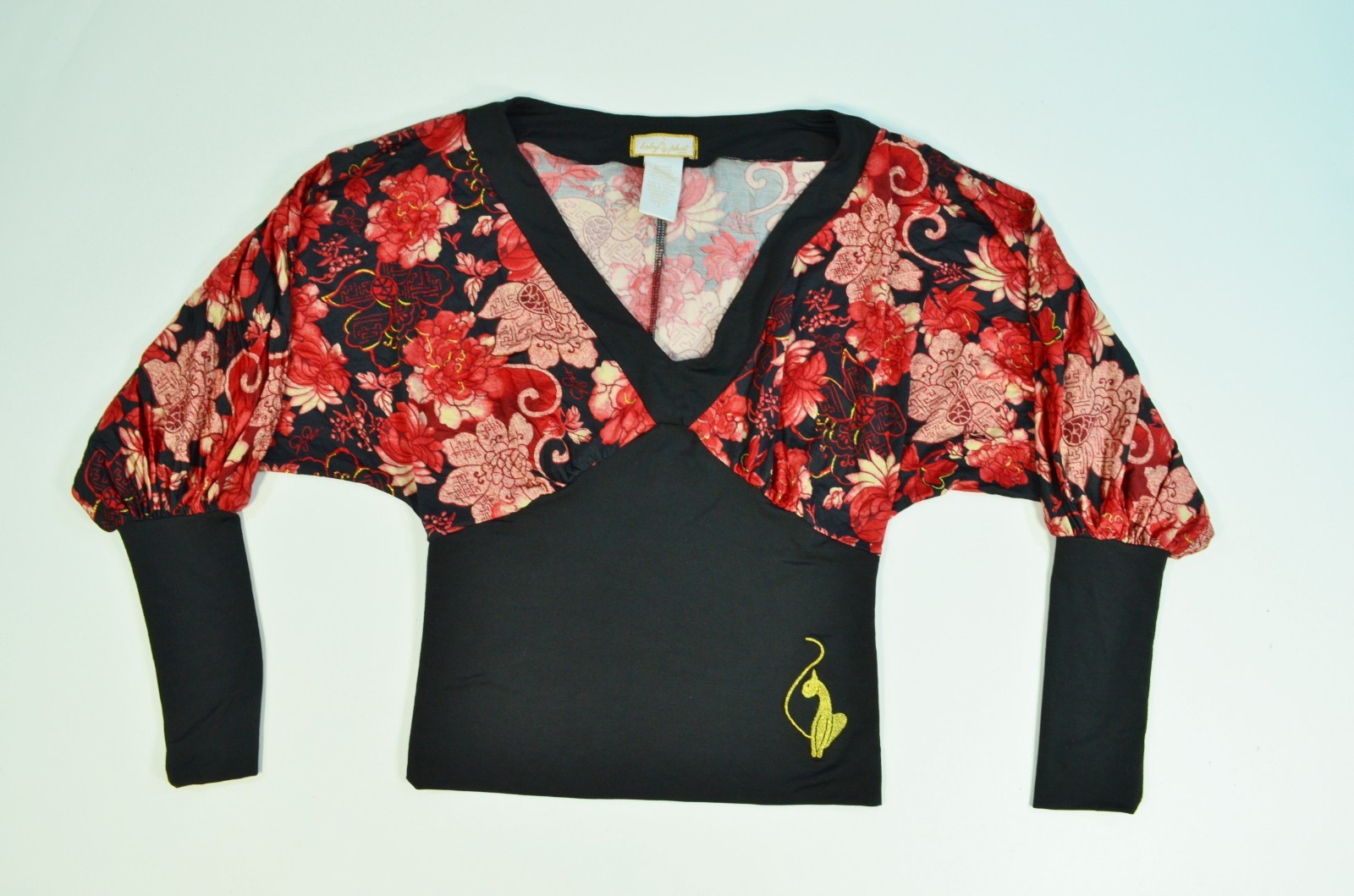 Baby Phat Women’s Nylon Spandex Medium Top Long Bunch Sleeve Red Floral Blouse