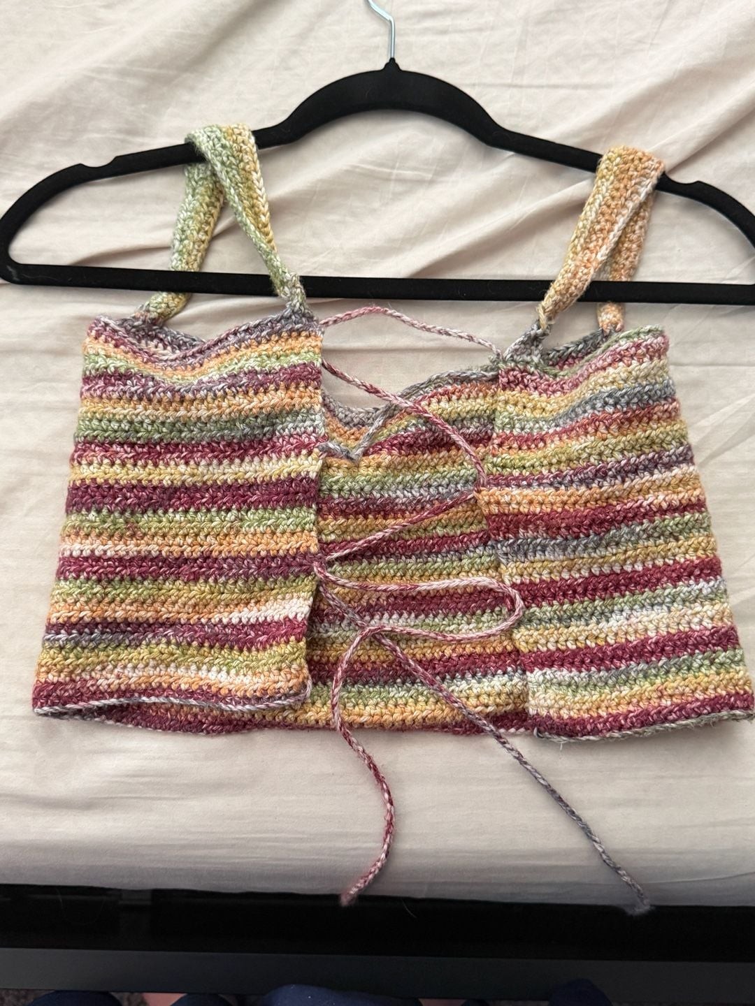 Multi-Color Striped Crochet Lace-Up Back Crop Top