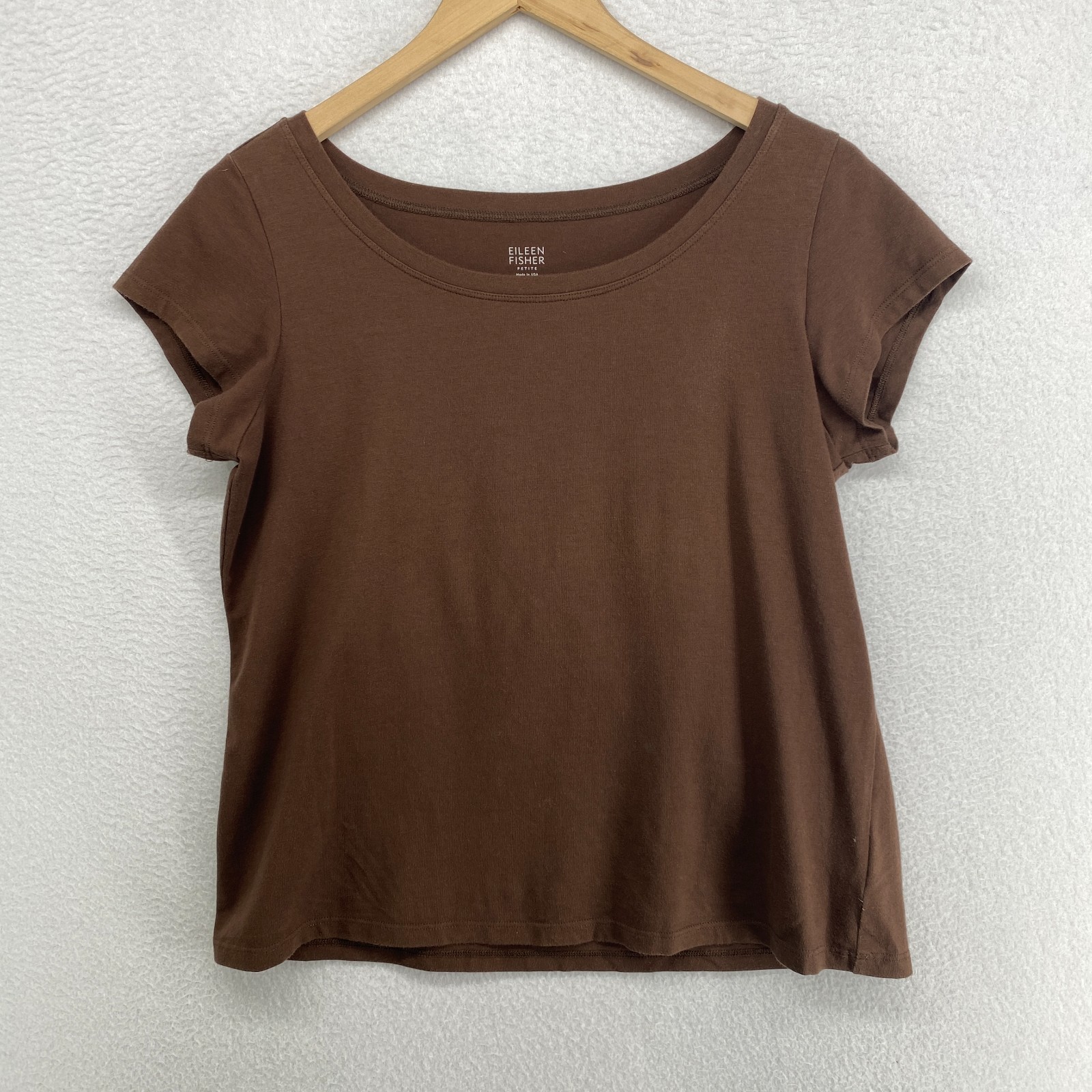 EILEEN FISHER Top PL Stretch Organic Cotton Scoop Neck Cap Sleeve Brown USA
