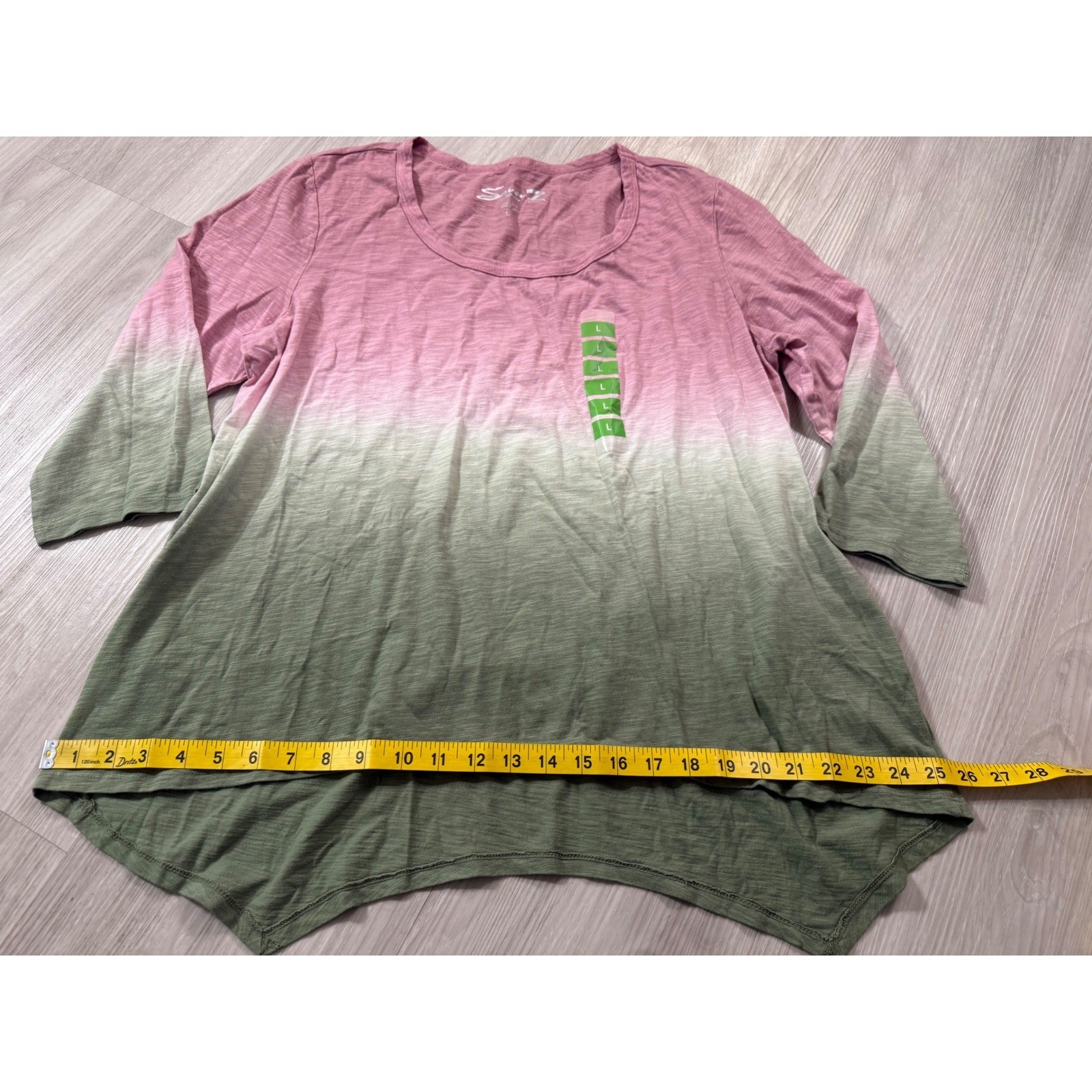 Seven7 Womens Dip Dye Tee Pink Olive Green Ombre Sharkbite Hem Top Size L NWT