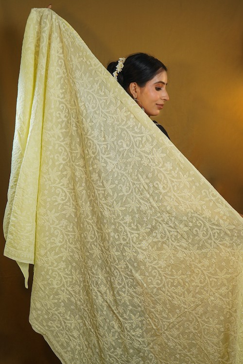 Women Yellow Hand Embroidered Chikankari Dupatta