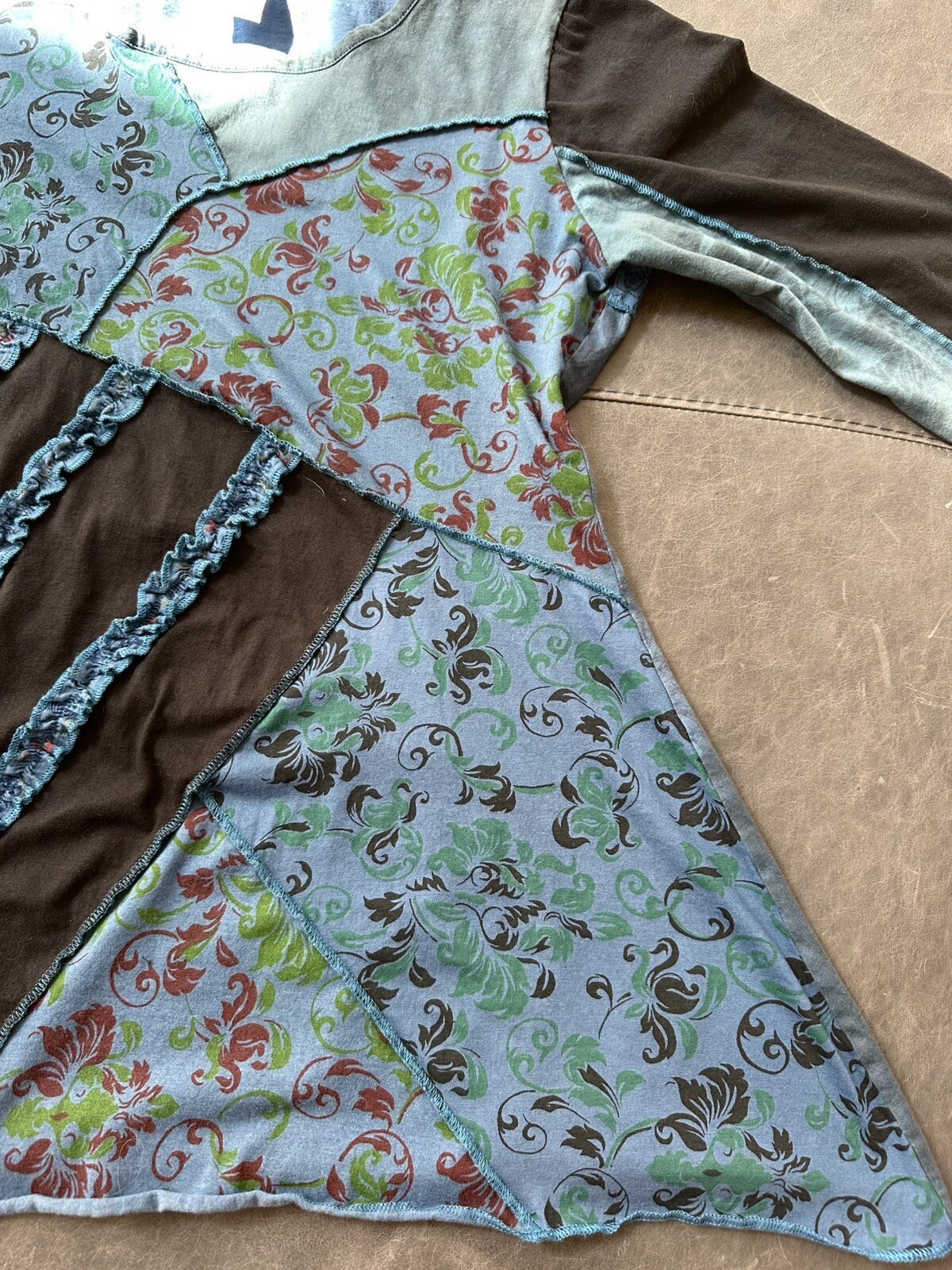 EUC Parsley & Sage Mixed Print Asymmetrical Top Lagenlook M Blue 100% Cotton