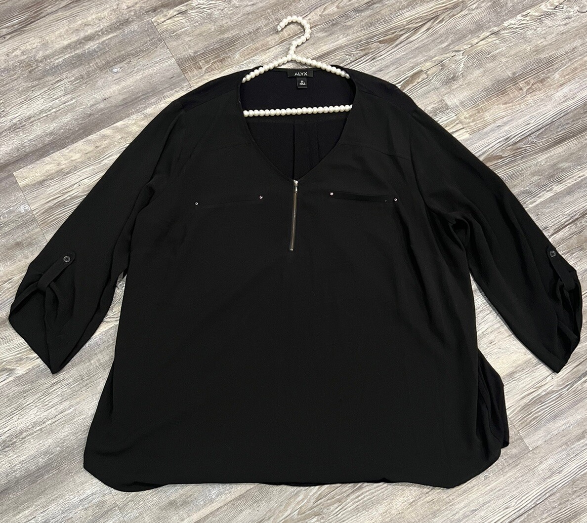 Alyx Women’s Black V-Neck Quarter Zip Tab 3/4 Sleeves Pullover Blouse Tunic 3X
