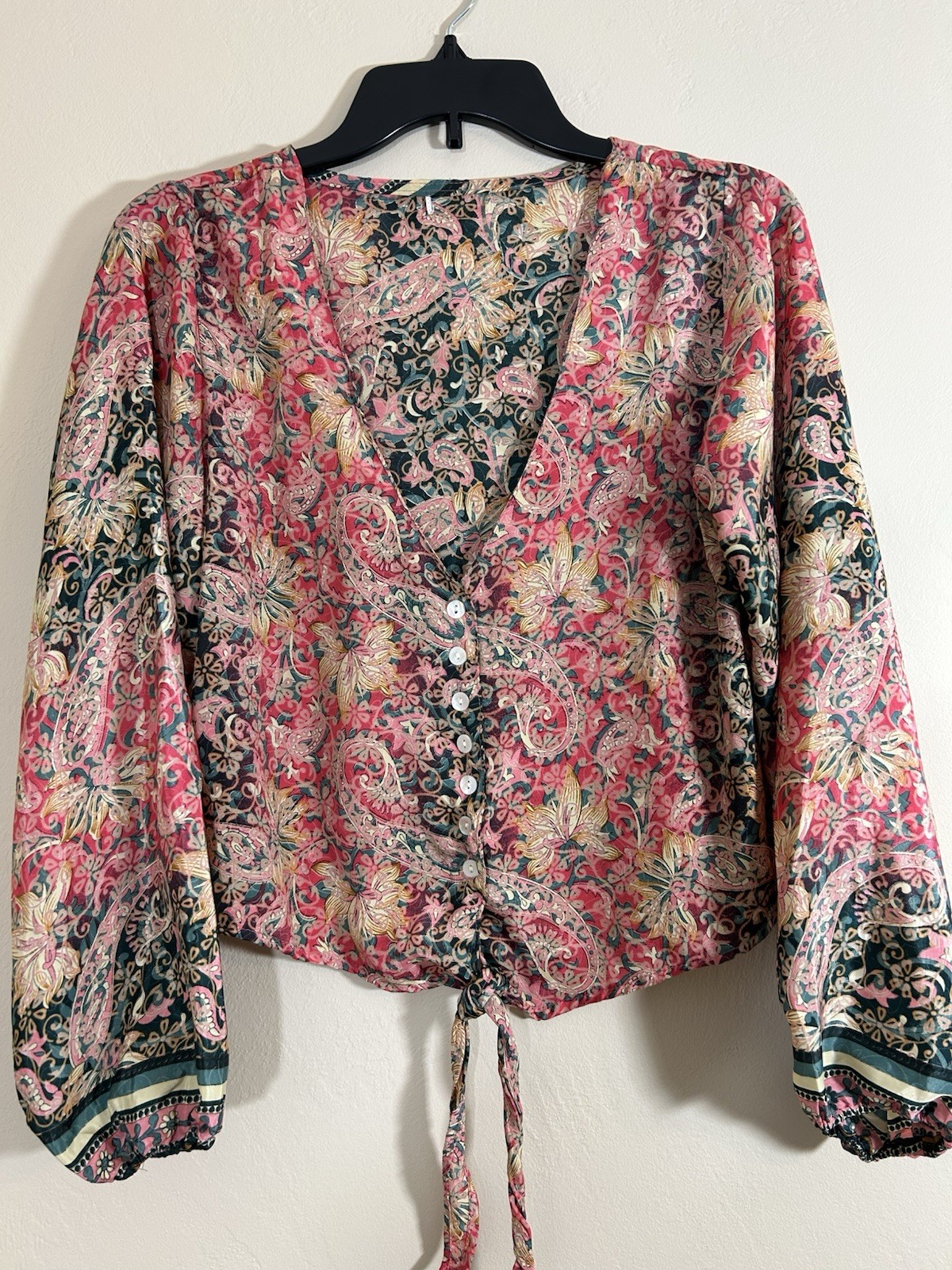 Karma Highway Crop Blouse Top OS One Size Tie Front Silky Boho Floral Paisley