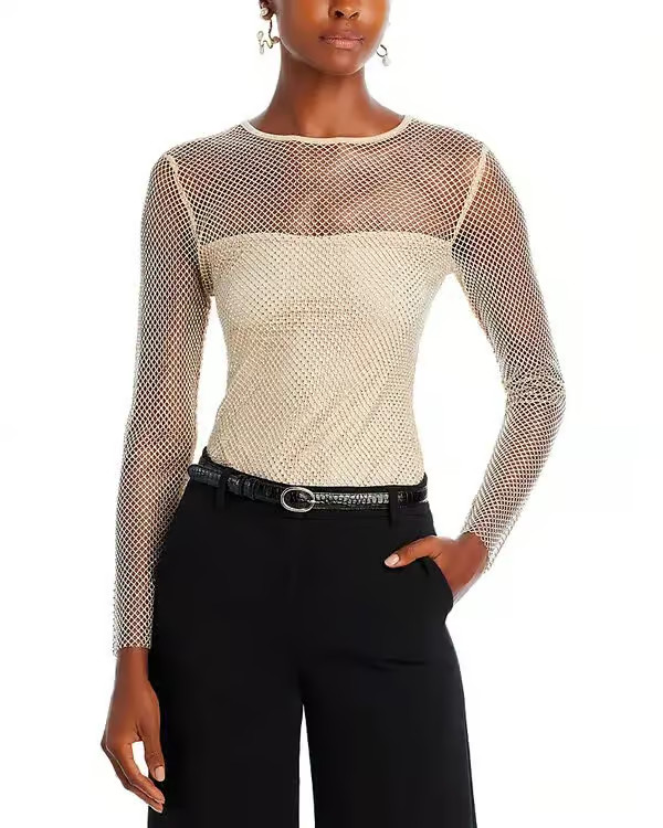 AQUA Allover Crystal Mesh Long Sleeve Top Women’s M Off White Crewneck Pullover