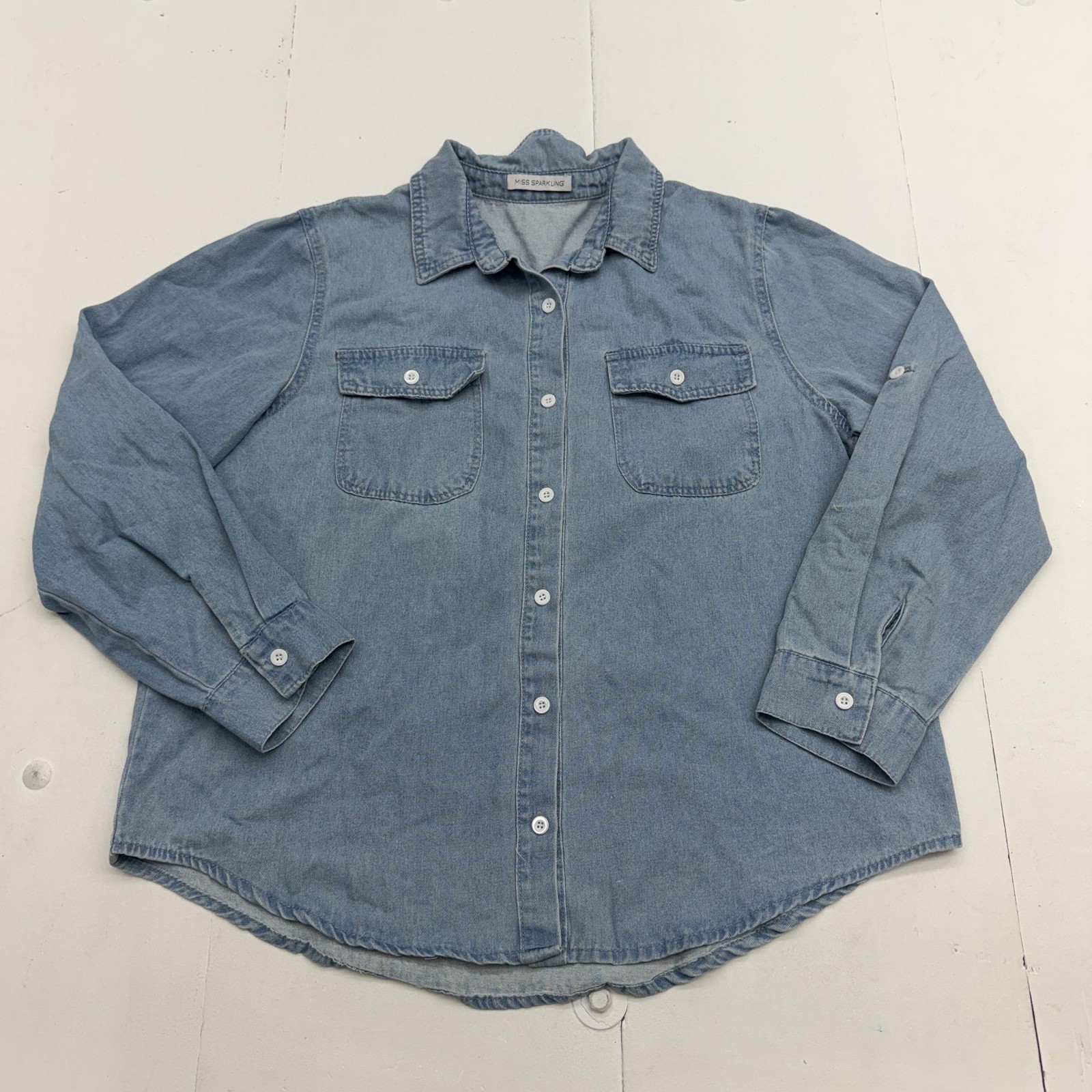 Miss Sparkling Button Up Shirt Womens XL Blue Collared Long Sleeve Denim Casual