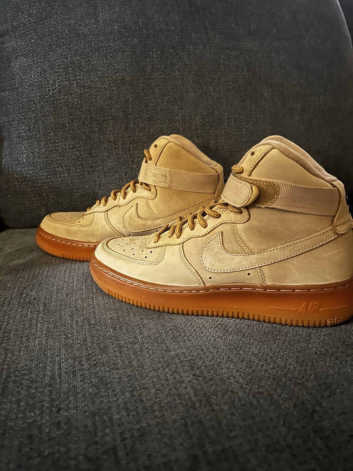 Nike Air Force 1 High Top Leather Sneakers Beige/Brown Gum Sole 6Y