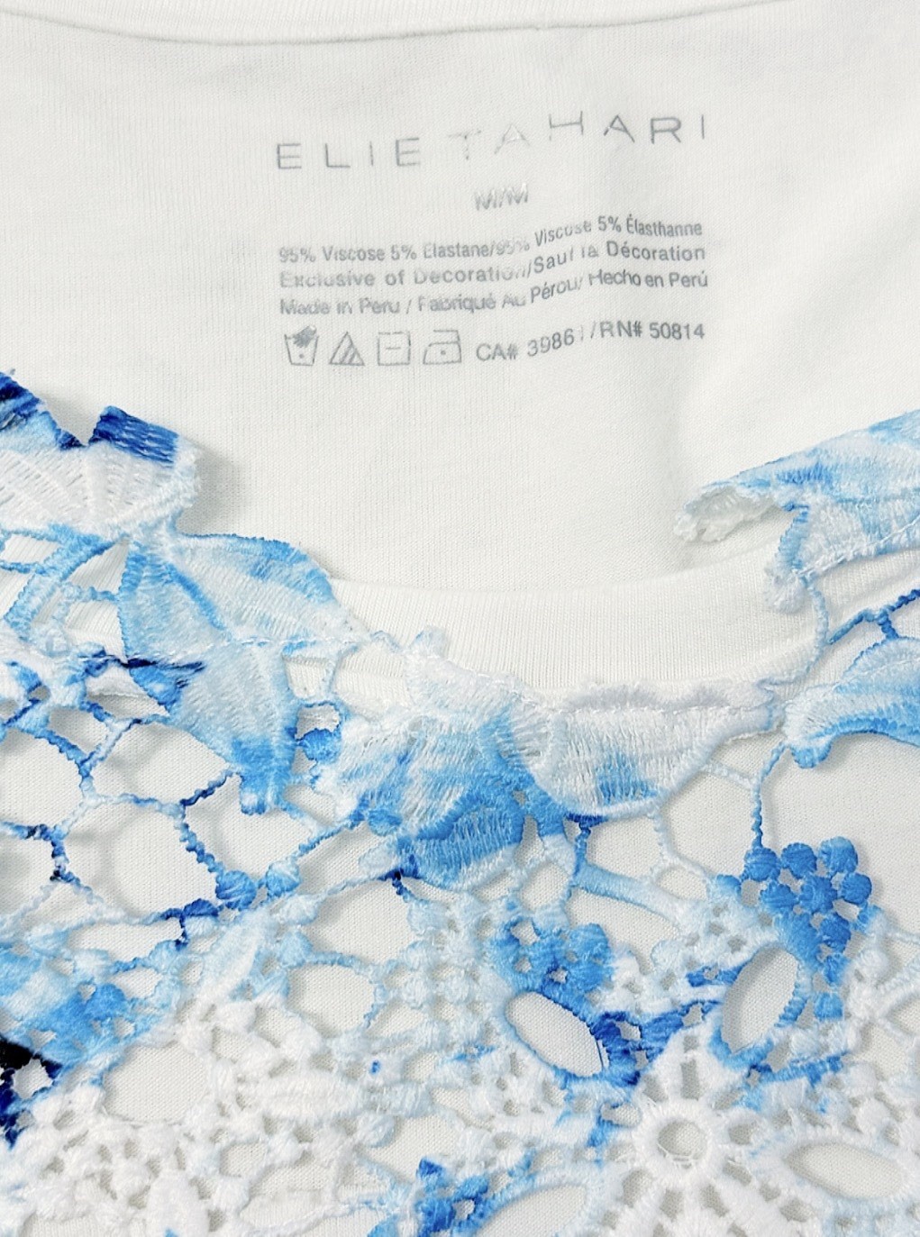 Elie Tahari Top Blouse Women M White Blue Floral Lace Applique Short Sleeve