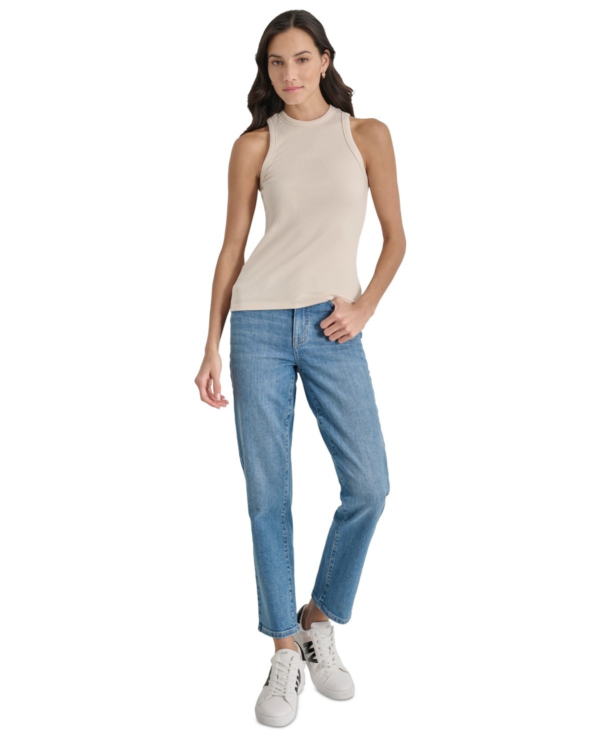 DKNY Jeans Cutaway Crewneck Tank Top Women’s L Vanilla Bean Solid Pullover