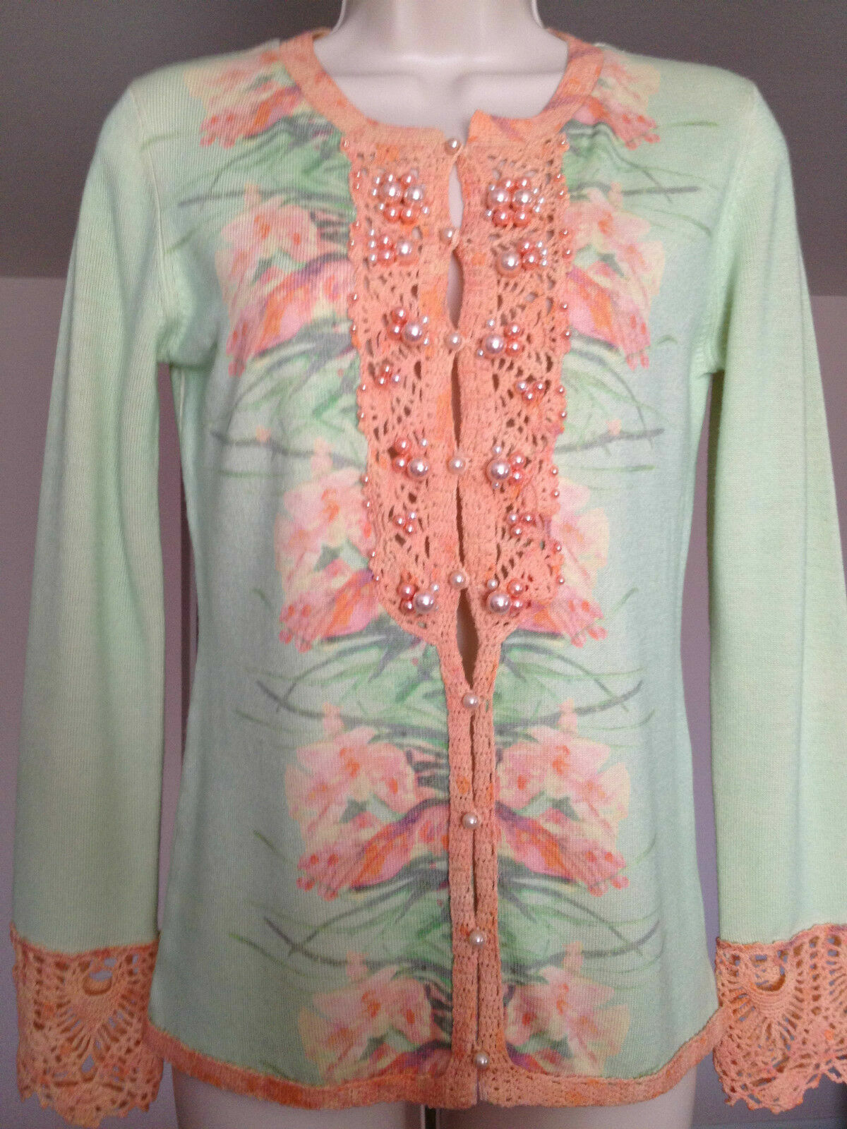 ZAC POSEN Mint Green Pink Pearl Mustique Flower Cardigan NWT Size S Top