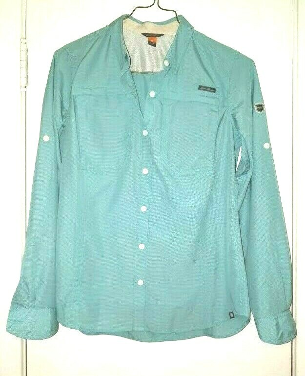 Eddie Bauer Women Button Front Shirt Blouse Top w Back Ventilation Pocket Blue