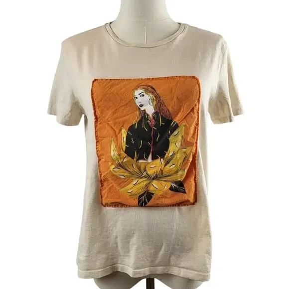 ZARA Basic Small Off-White Short Sleeve T-Shirt Orange Black Gold Female Picture