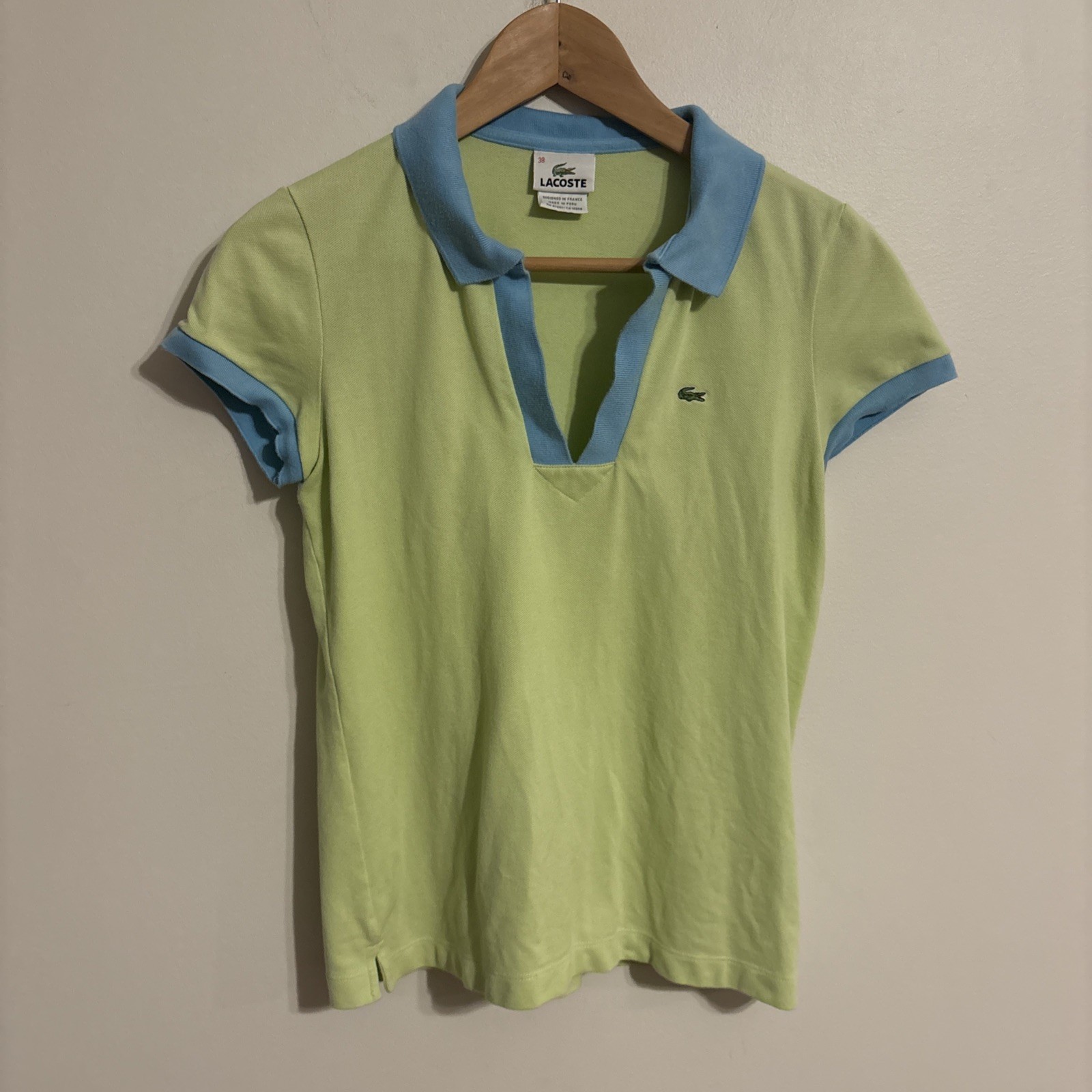 Vintage Lacoste Pastel Green/ Blue Collar Polo Shirt Cap Sleeve Women Sz 38