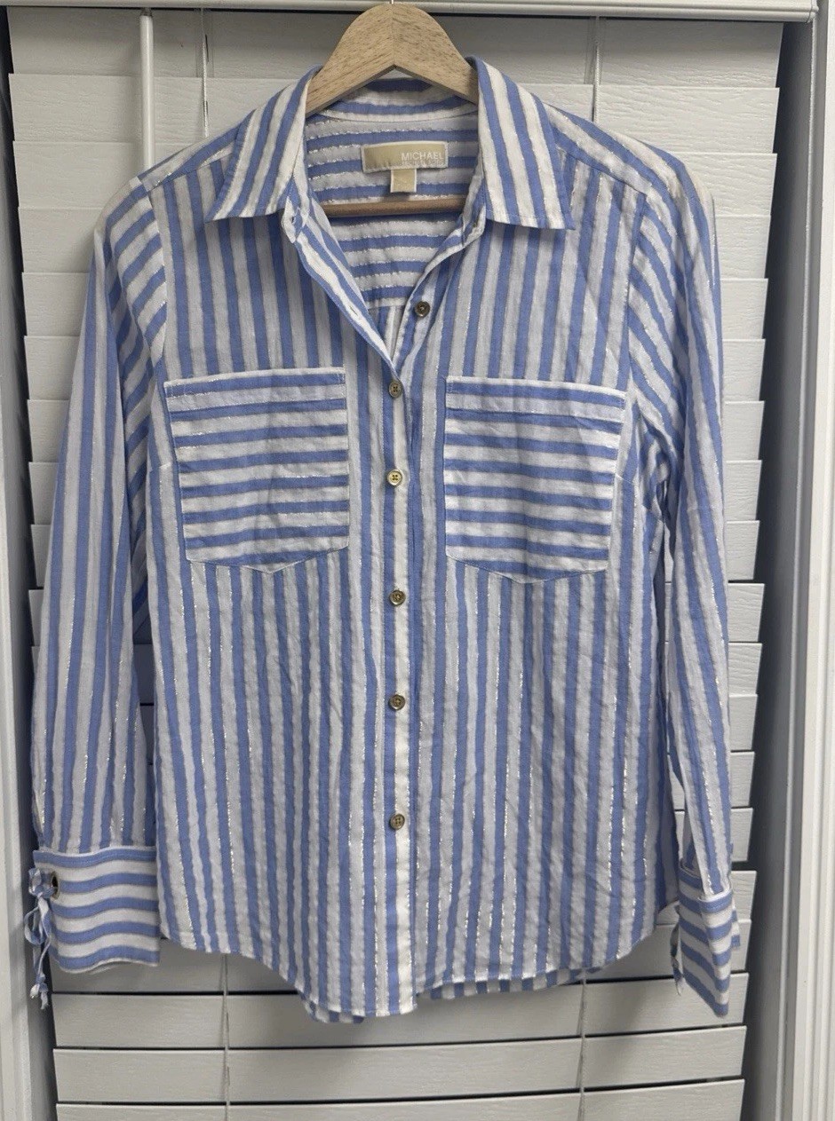 Michael Kors Blue & White Striped Gold Style Long Sleeve Button Up Women’s S
