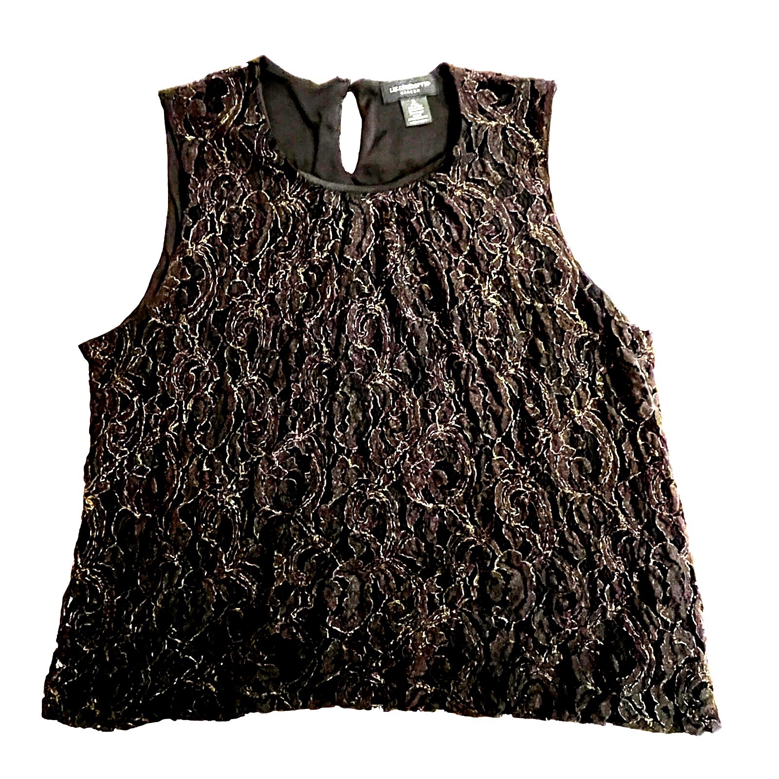 Liz Claiborne Career Women’s XL Sleeveless Lined Black/Gold Lace Top