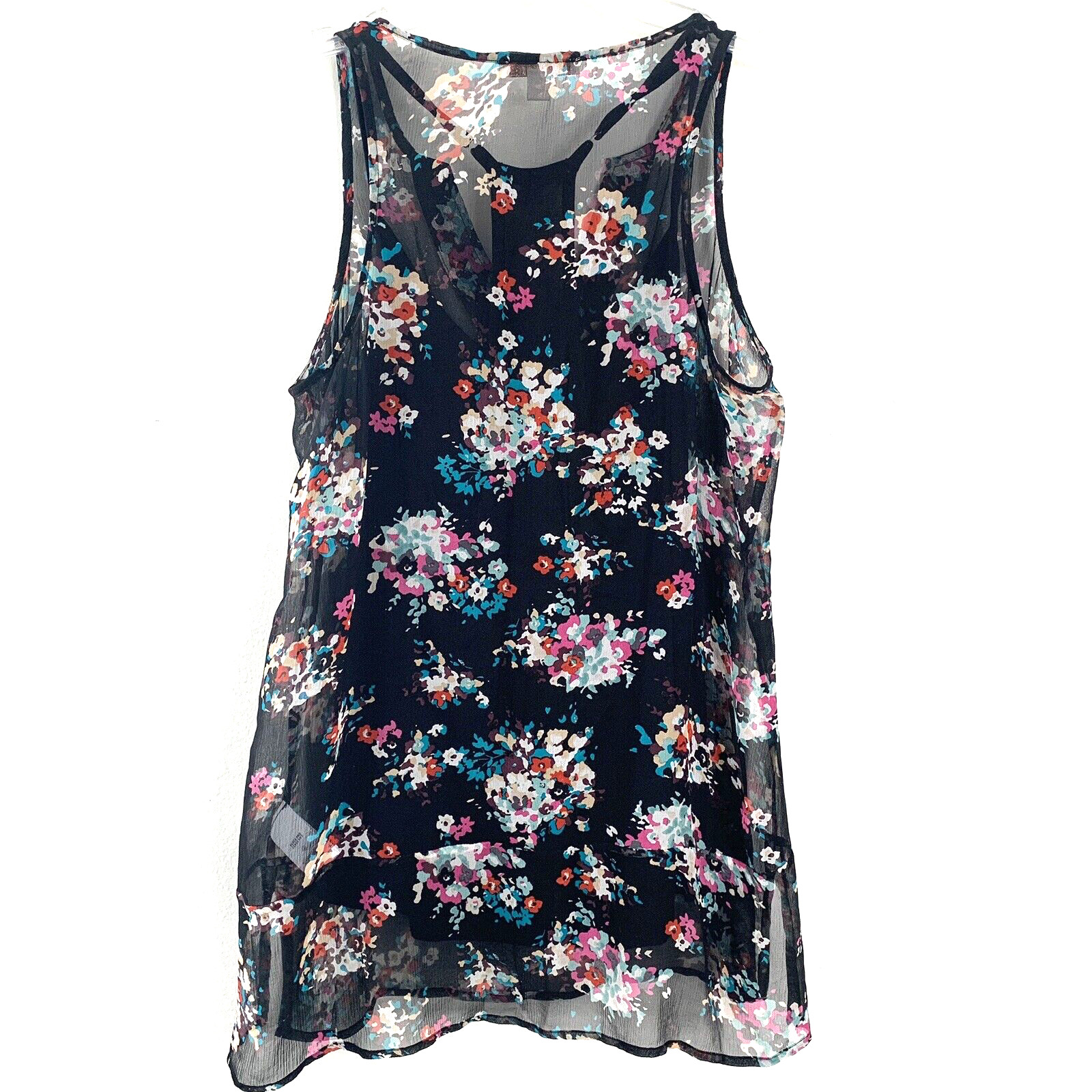 Anthropologie Ella Moss XS Silk Blouse Tank Top Black Floral Sheer Sleeveless