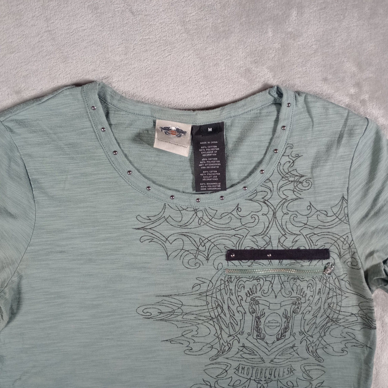 Harley-Davidson Graphic Tee Womens Medium Green Studded Zipper Biker Moto Edgy