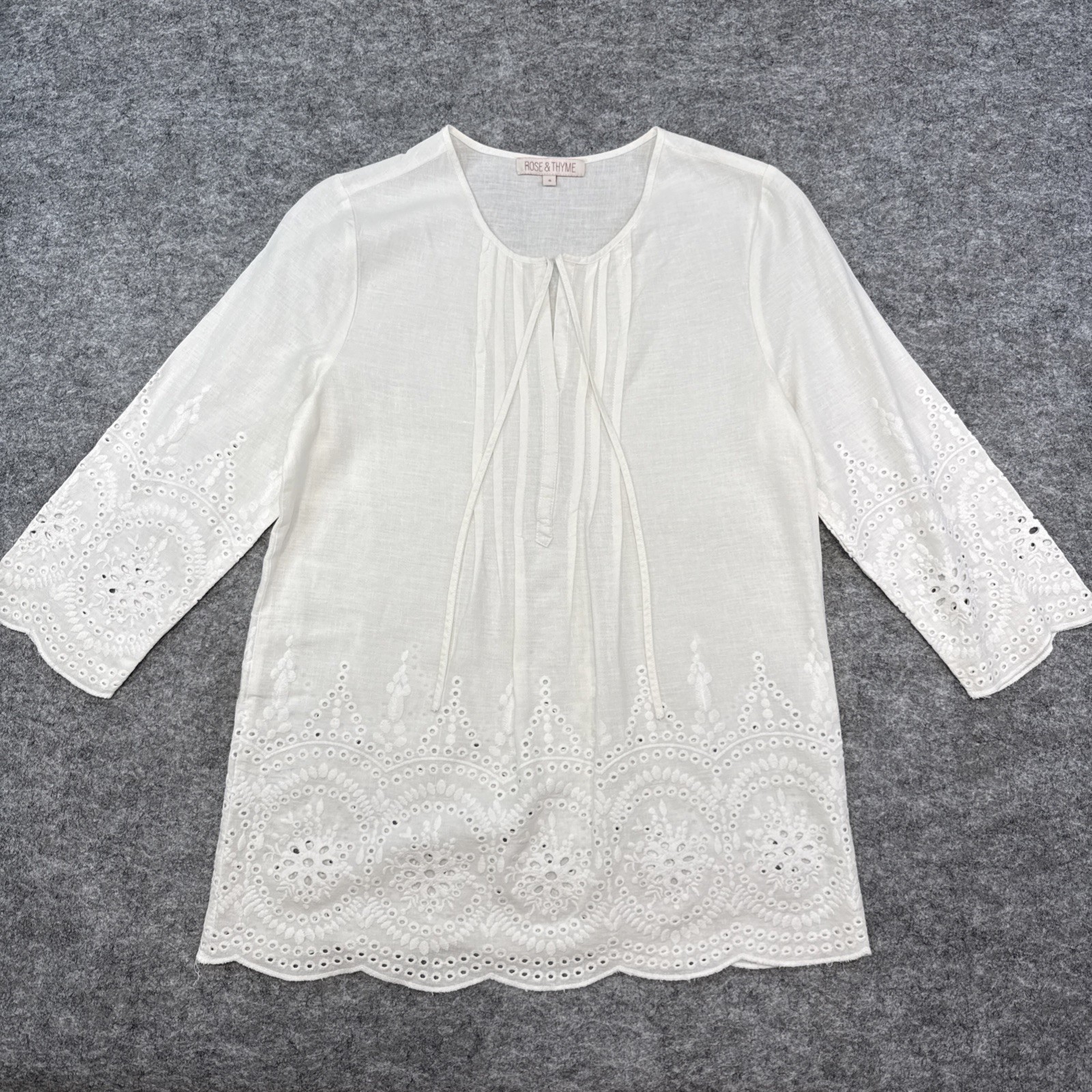 Rose and Thyme linen blend eyelet top women’s small white pleated embroidered