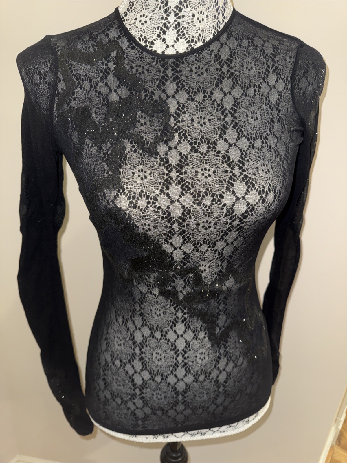 Vintage Plein Sud France Black Mesh Sparkle Long Sleeve See through Top S/M