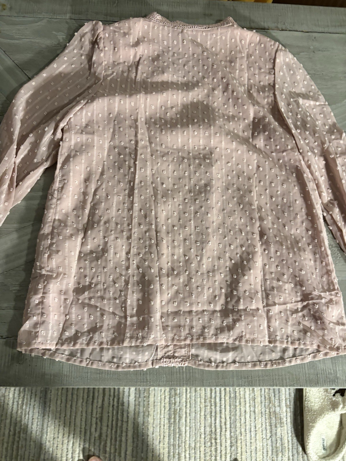 Women’s Pink Chiffon Sheer Polka Dot V-Neck Long Sleeve Lace Ruffle Blouse S/M