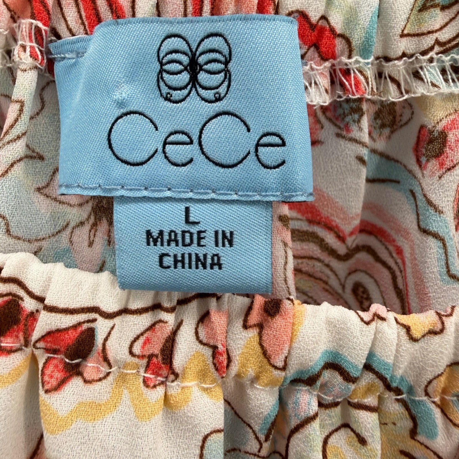 CeCe Womens Paisley Floral Off Shoulder Ruffle Sleeve Tie Hem Blouse Large Coral