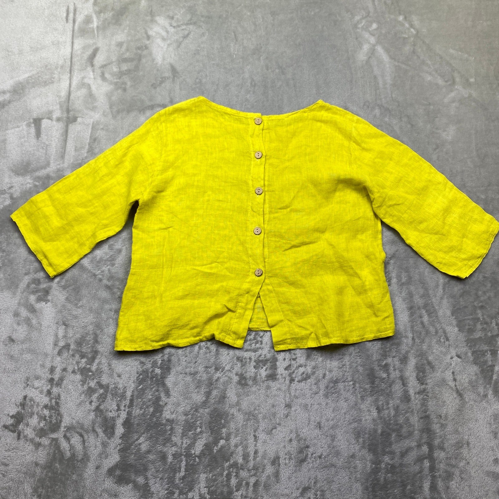 Bellina Bright Yellow Linen Button Back 3/4 Sleeve Top Italy Size 4 Boho Preppy