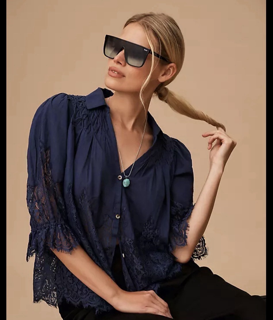 Anthropologie Victorian Sheer Lace Blouse Romantic Boho Top Blue Size Small