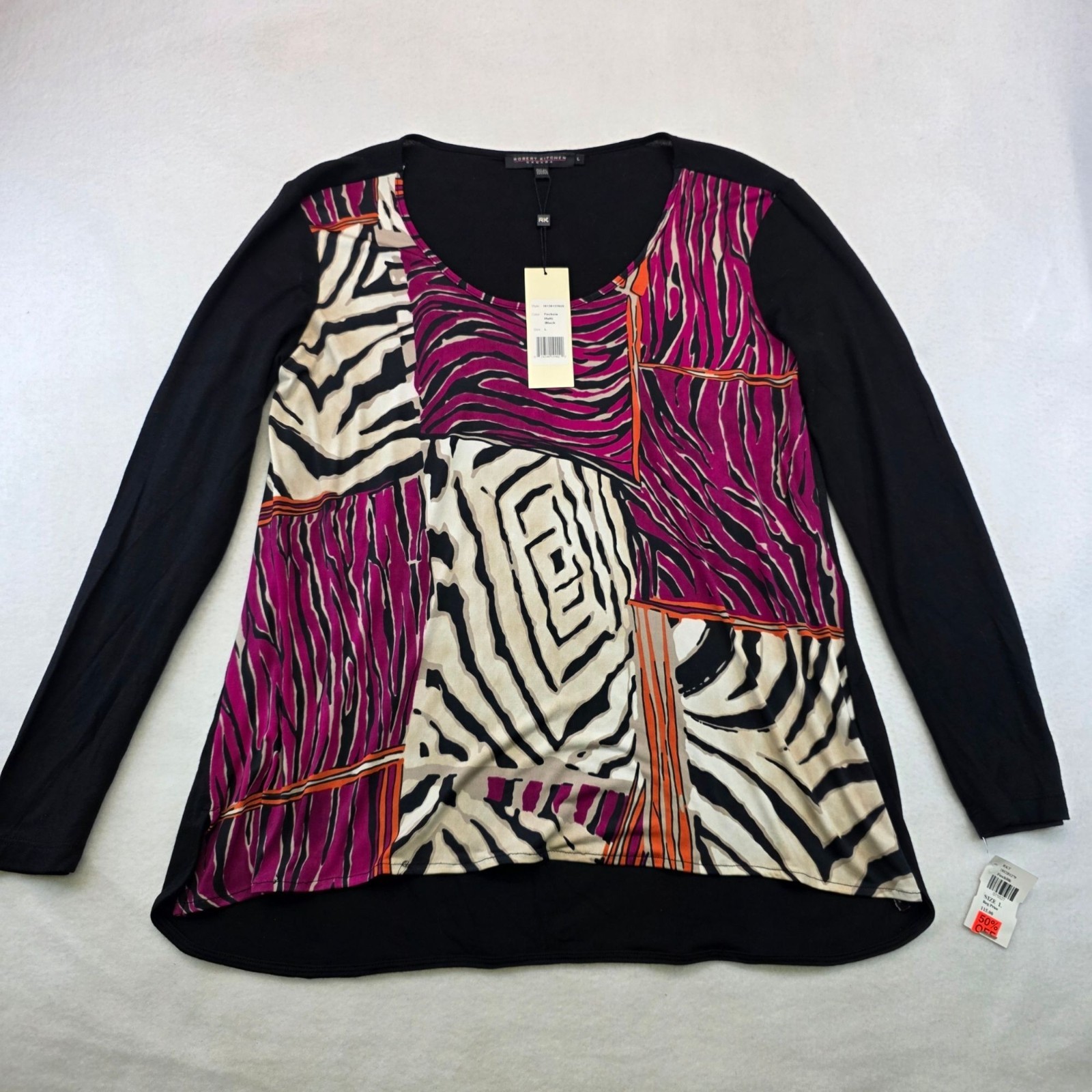 Robert Kitchen Animal Print Top L Fuchsia Multi Colorful Artsy Casual Festival