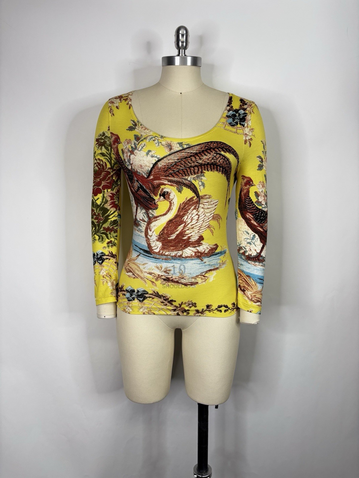 Vtg Roberto Cavalli SS2003 Yellow Pheasant Print Top M