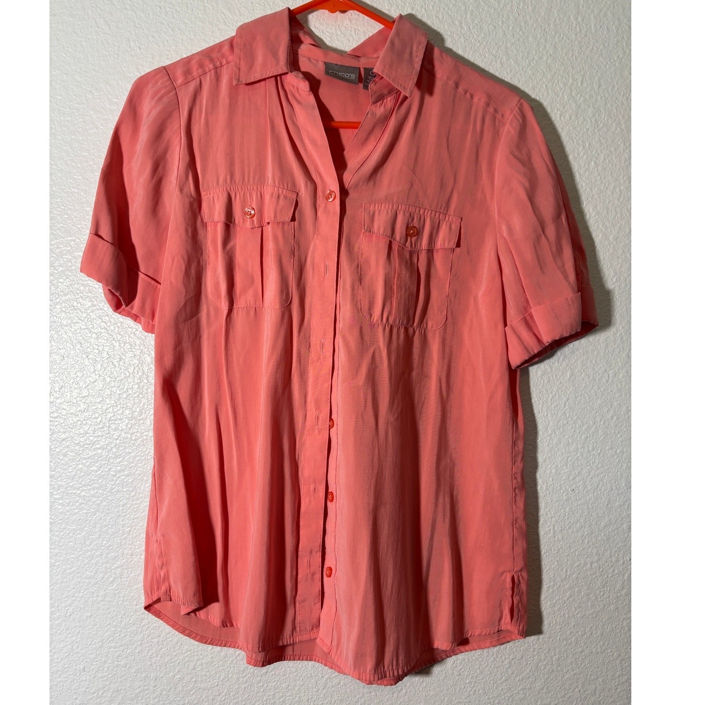 Chico’s Size 0 (Small) Modal Blend Coral Button-Up Short Sleeve Pocket Top