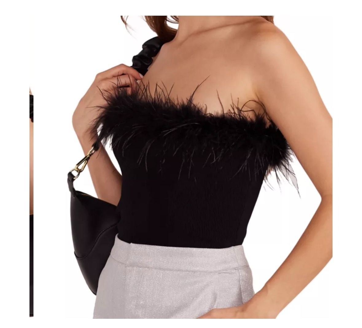 MinkPink women’s XS black aster feather top strapless ribbed dressy fitted NWT