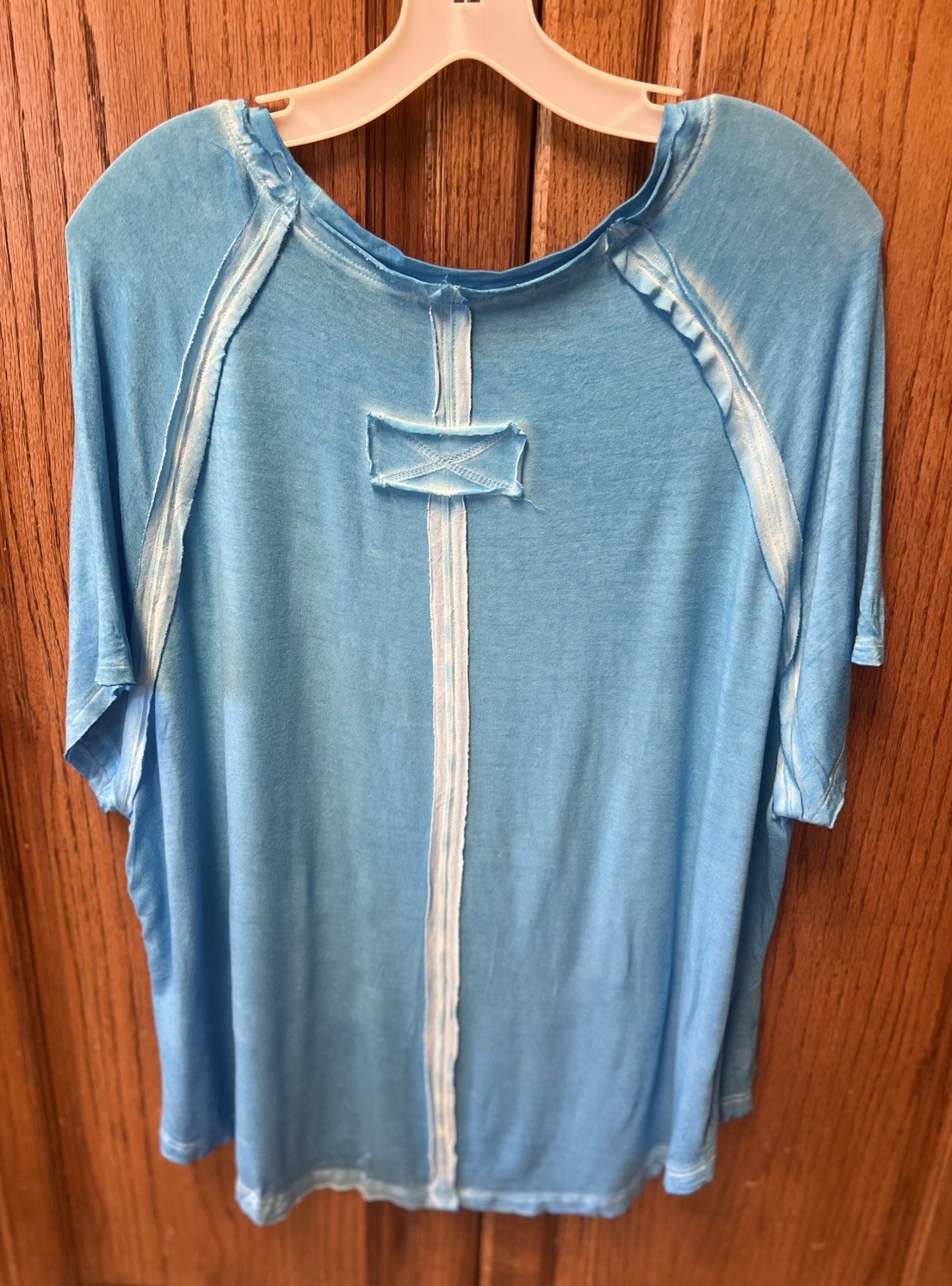 Zenana Deep Sky Blue Mineral Washed Top Sz L Oversized Raw Hem Silky Soft