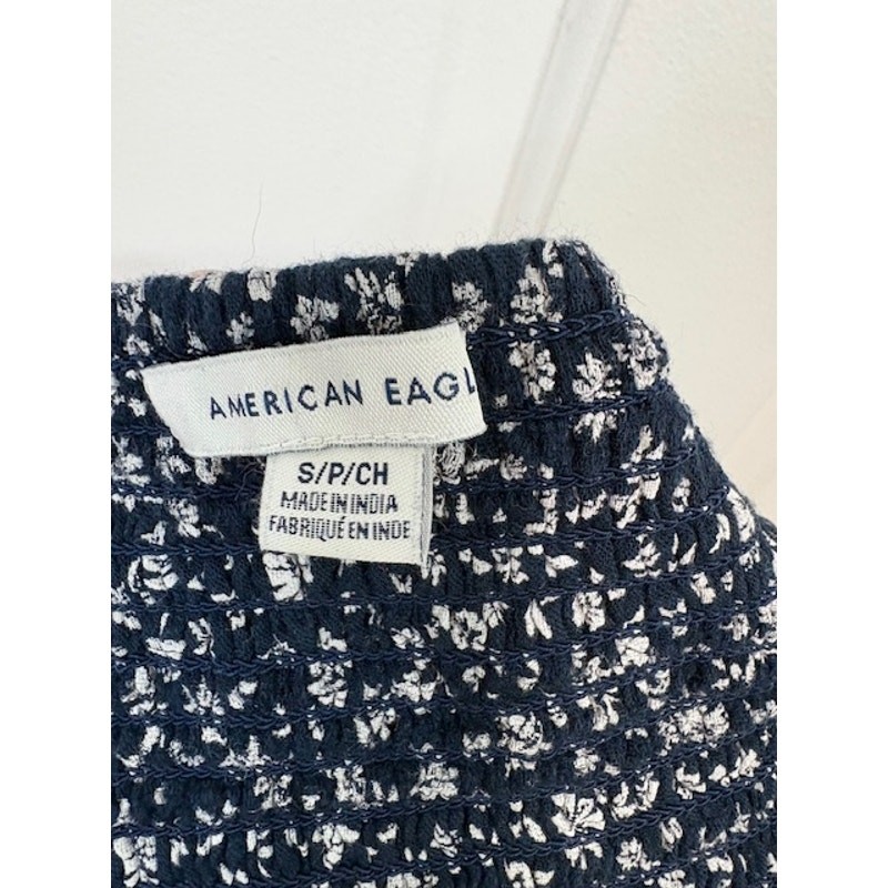 American Eagle Halter Crop Top Sz S Navy Floral Smocked Back Boho Beachy Summer