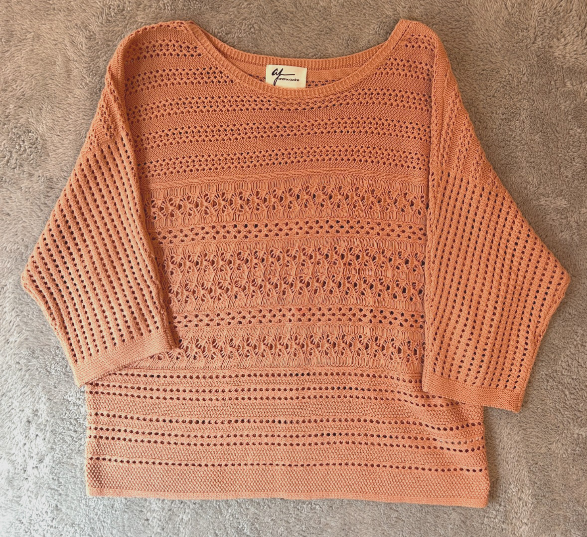 ANDREA JOVINE Blouse Womens Sz XL Peachy Crochet Open Knit Sweater Top NWOT
