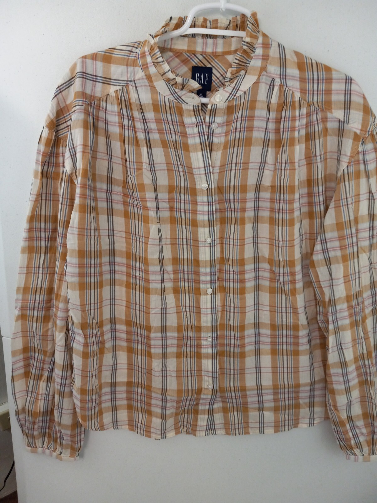 GAP Tall MT Neutral Plaid Lightweight LS Ruffle Trim Button Front Blouse NWT