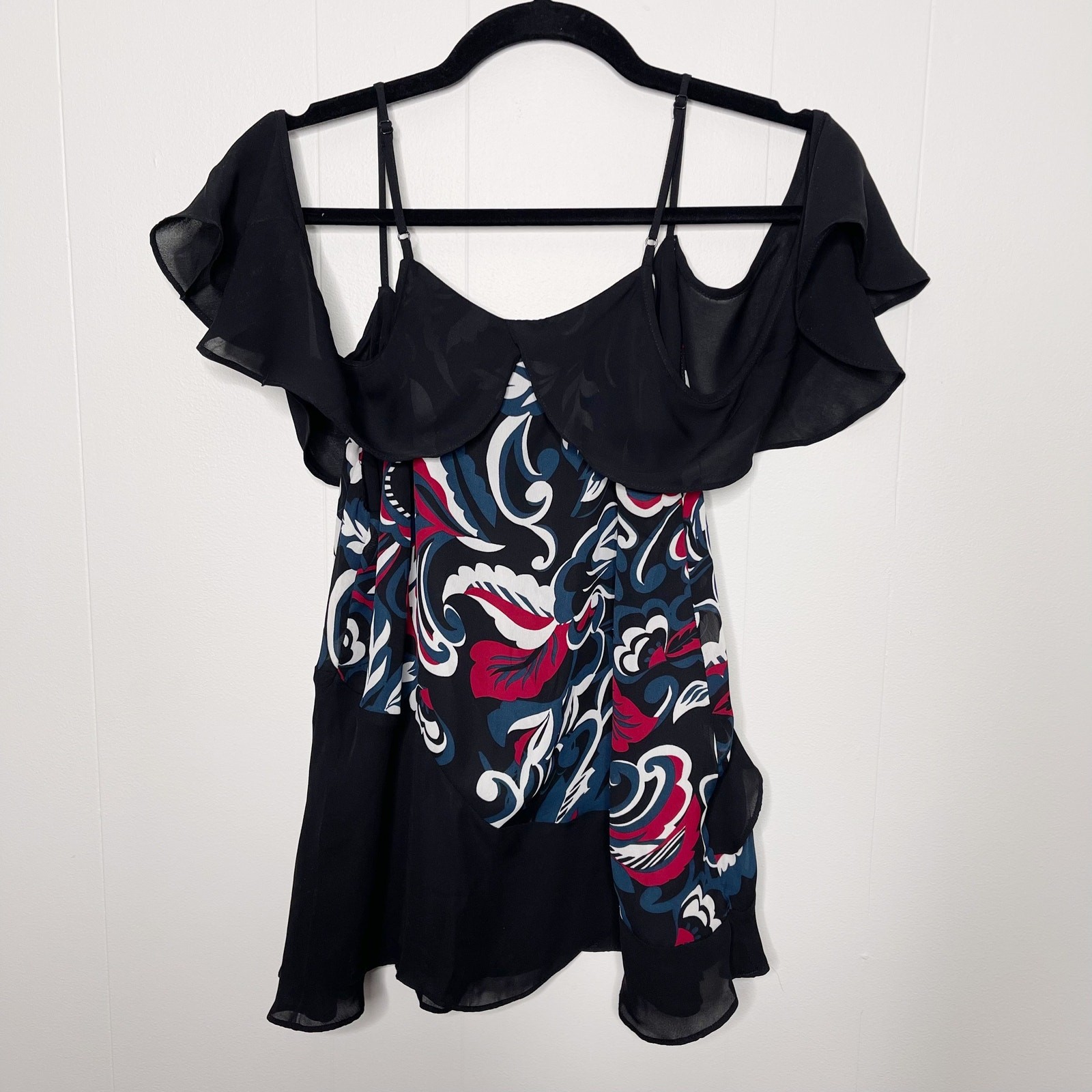 Parker Draped Sleeve Blouse Cold Shoulder Ruffle Pieced Paisley Print Black M
