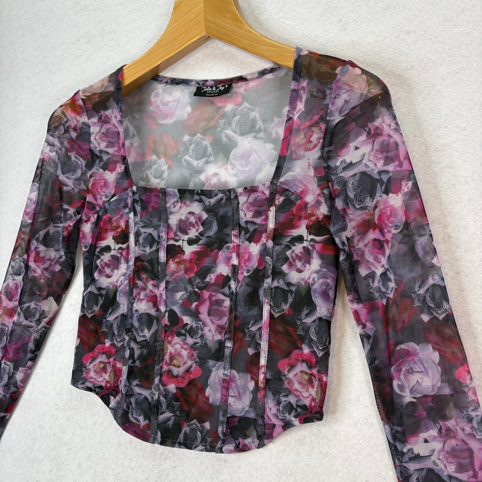 Jolie & Joy Purple Floral Mesh Corset Style L/S Top Women L Romantic Fairy Date