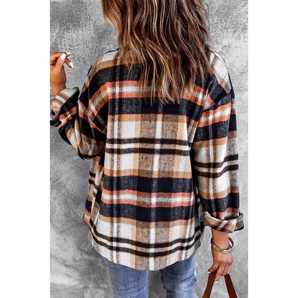 Womens Plaid Flannel Shirt Jacket BeachLoungeLunch Orange Brown White