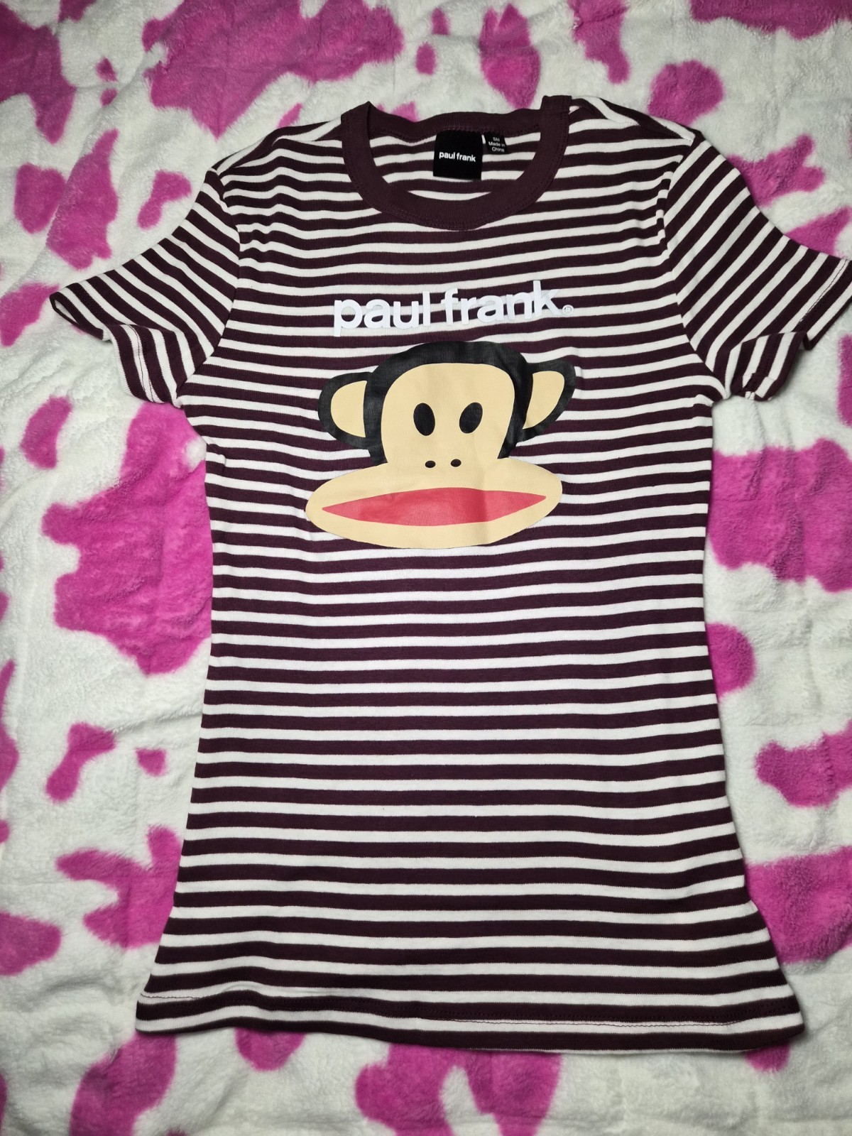 Juniors Small Paul Frank Julius the Monkey Burgundy/White Striped Graphic Tee